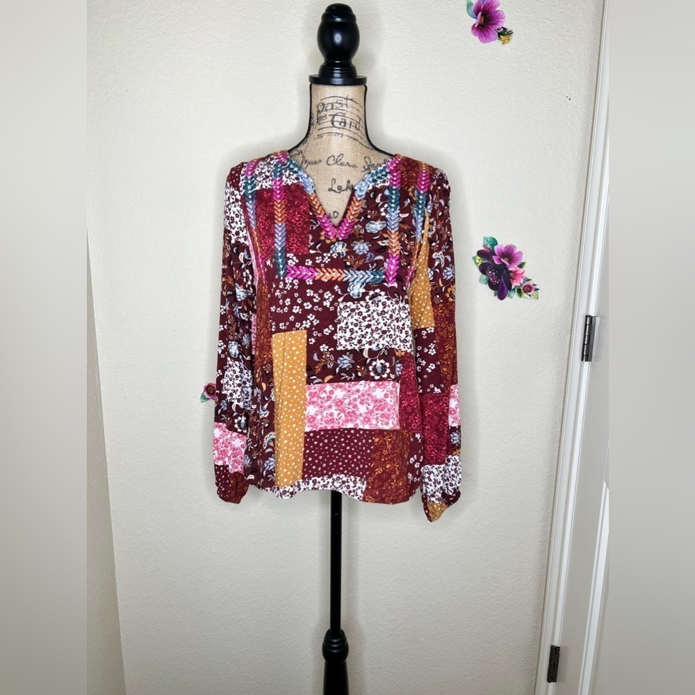 Savanna Jane Multicolor Patchwork Design Embroidered Blouse Size Small - Picture 2 of 12